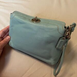 NWT Coach Leather Mini Demi Baguette Wristlet Light Blue Turnlock Bag Y2K